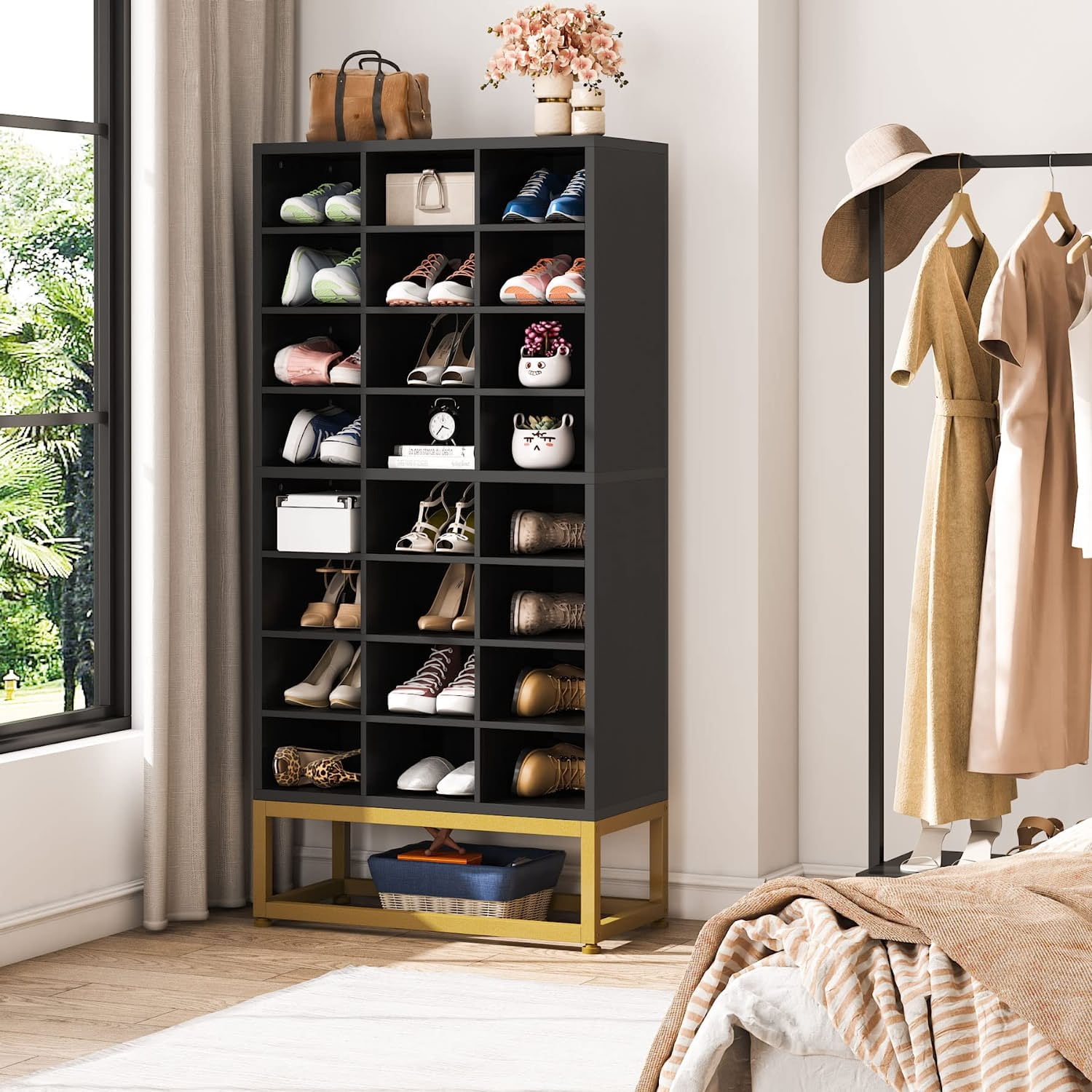 AOODA 3 Tier Long Shoe Rack for Closet Floor Wide Stackable Shoe Shelf  24-Pairs Fabric Shoe Storage Organizer for Bedroom (Gray)