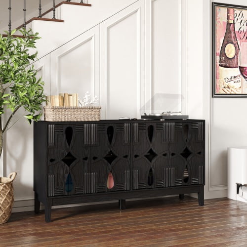 60.5" Mid Century Modern Sideboard Buffet Cabinet with Storage, TV Media Console Table, Storage Cabinet with 4 Doors & Adjustable Shelves for Kitchen Dining Living Room Entryway, Black