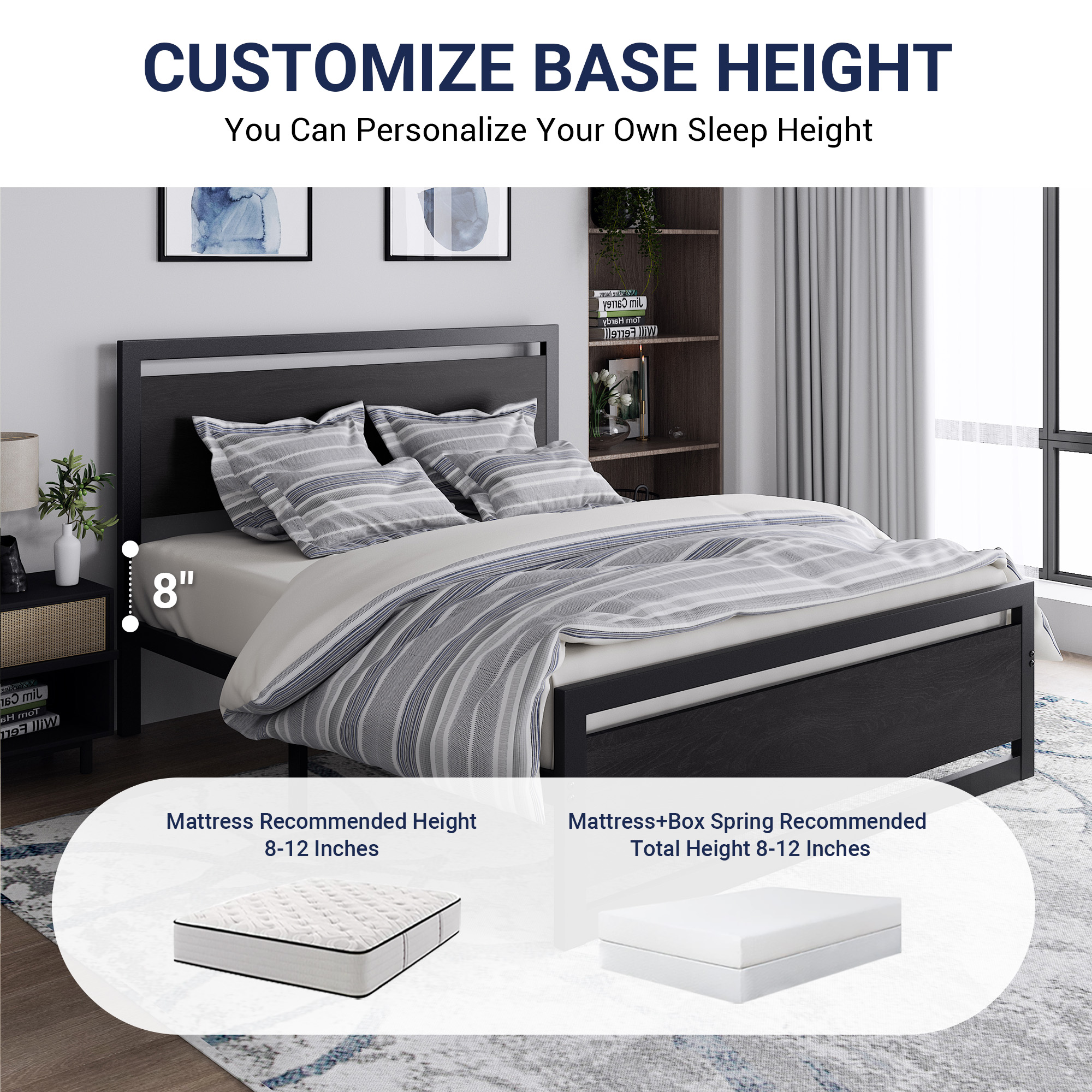Allewie Queen Bed Frame, Metal Platform Bed Frame with Wooden Headboard, 12.4" Under-Bed Storage, Black