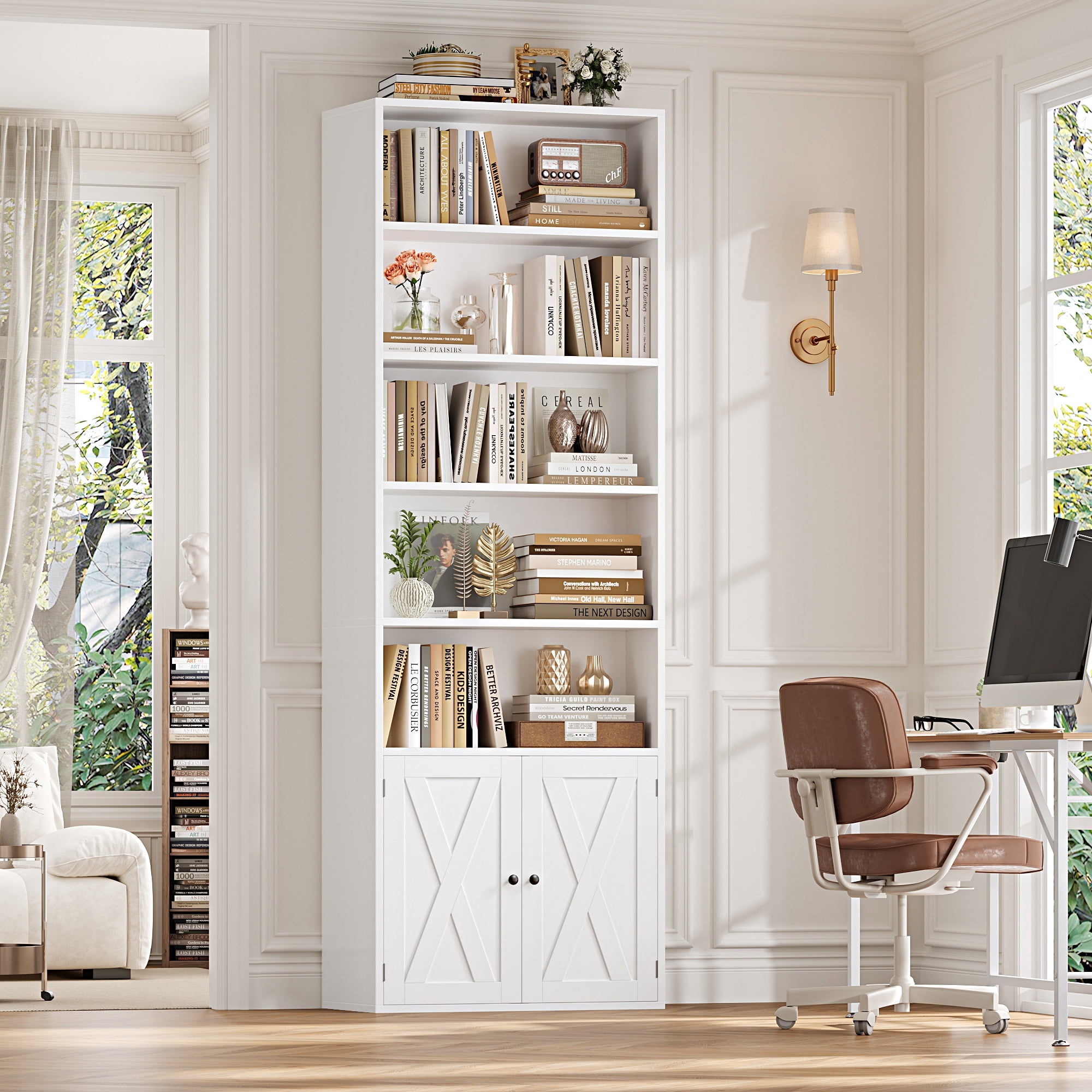 Hiphuta 5-Tier Bookcase with Doors, White, 82.3 Inches