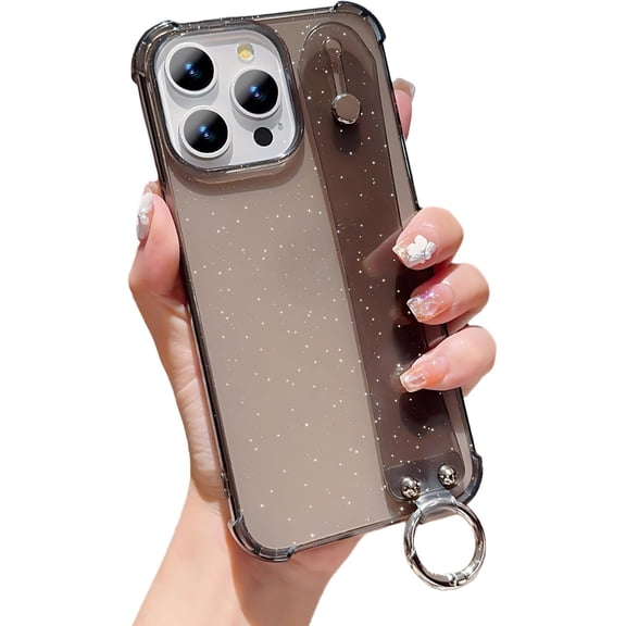Wrist Strap Holder Clear Bling Glitter Four Corners Shockproof Phone Case for iPhone (Black,iPhone 15)