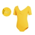 thumbnail image 4 of CUZIBR Girls Teens Dancewear Jumpsuit Short Sleeve Ruched V-Neck Slim Fit Ballet Romper Performances Soft Comfortable Stretch Solid Color Bodysuit Cozy Dance Outfits,Yellow,8-9 Years, 4 of 4