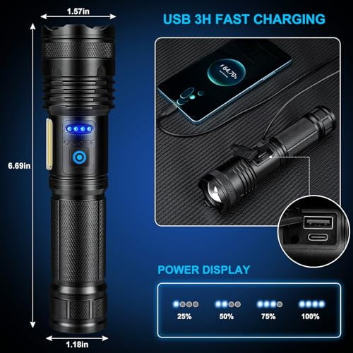 Rechargeable Flashlights High Lumens,99000LM Super Bright Flashlight,Adjustable Powerful Flash Light with 8 Modes & COB Light,Waterproof Handheld Flashlight for Home Camping