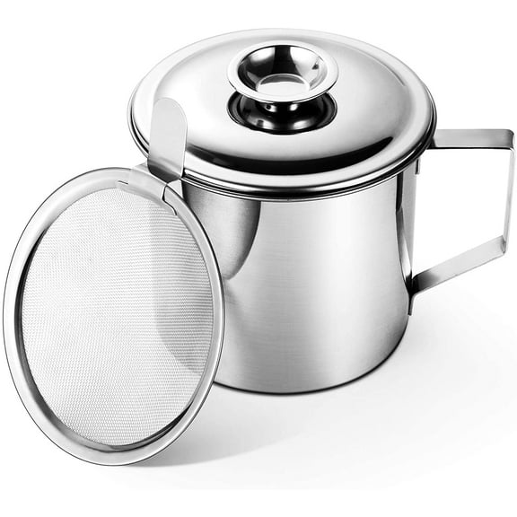 Bacon Grease Container with Stainless Steel Grease Strainer Perfect As Pan Grease Holder, Cooking Oil Keeper and Storage(1.25 Quart | 5 Cups)