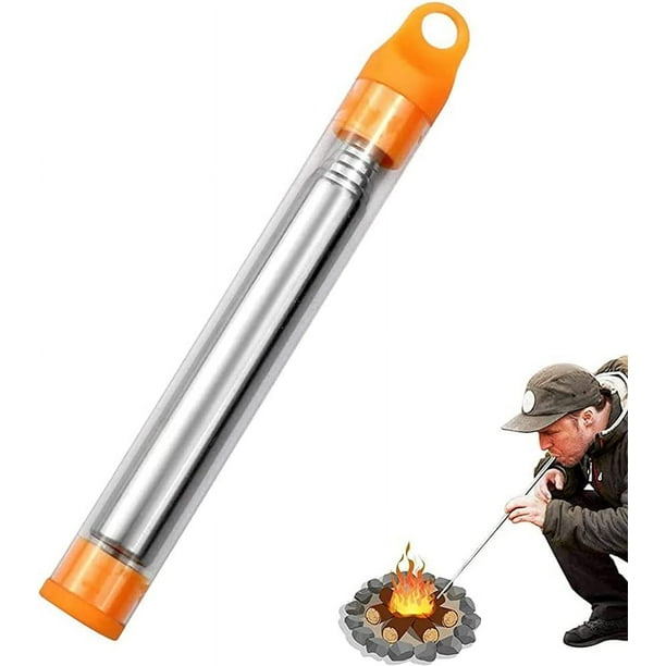 Tubo de soplado telescópico, bolsillo de fuelle, herramienta de campamento portátil de acero inoxidable con mosquetón para acampar, Picnic y senderismo