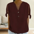 thumbnail image 2 of Breezora Trendy V Neck Tee for Women Side Button Detail Split Sleeve Design Loose Fit Casual Summer T Shirt XL Size Wine, 2 of 5