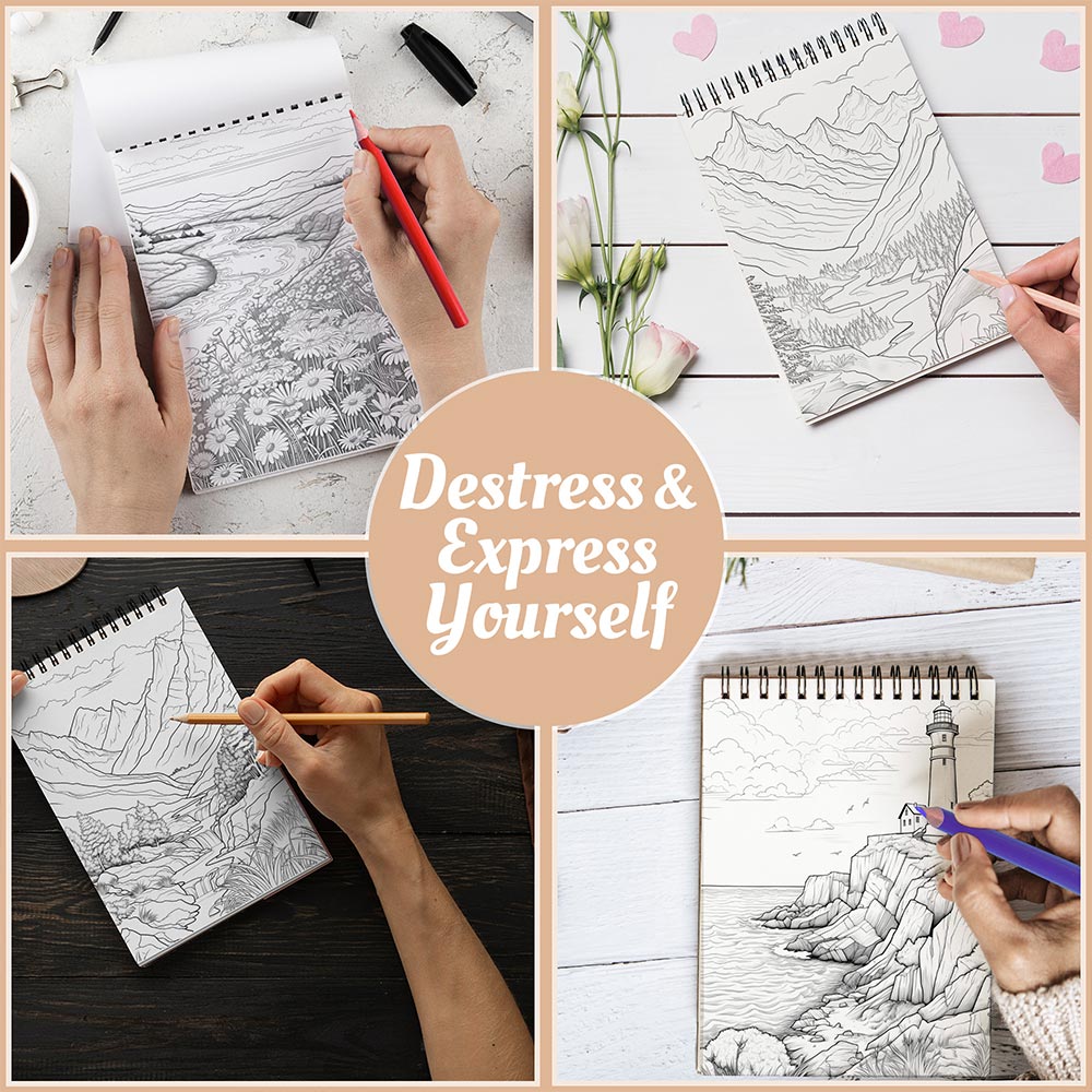 Stunning Landscapes Coloring Book Spiral Bound For Adults, A5 Wooden Cover, 30 Serene Coloring Pages of Gorgeous Outdoor Scenes for Stress Relief and Relaxation