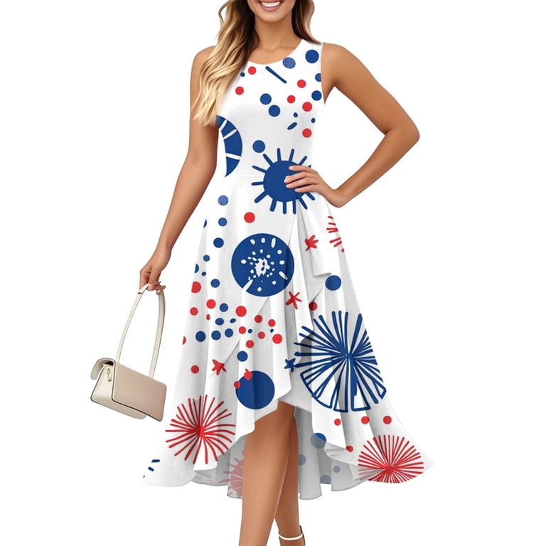 Women's Zip-Up Sleeveless Cocktail Dress Patriotic Theme Floral Print  Ruffled Hem Dress with Pockets for Semi-Formal Occasions,Dark Blue S -  Walmart.com