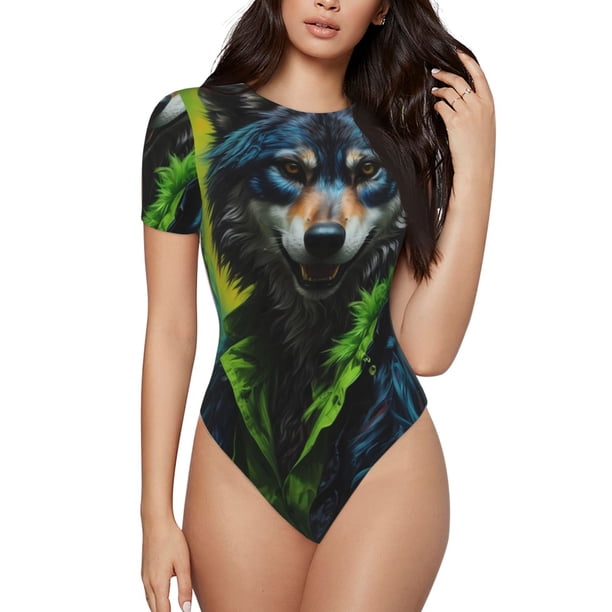 Balery Realistic Style Wolf Warrior Body de cuello redondo de manga corta para mujer Tops de manga corta Tops básicos-XX-Large