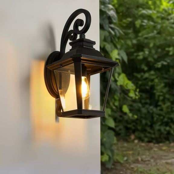21" Outdoor Wall Lantern Light - Vintage Black Metal & Clear Glass Sconce with Decorative Scroll Design for Porch, Patio, and Garden Lighting