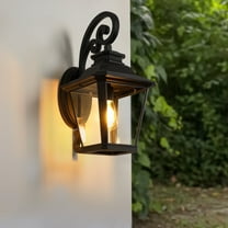 21" Outdoor Wall Lantern Light - Vintage Black Metal & Clear Glass Sconce with Decorative Scroll Design for Porch, Patio, and Garden Lighting