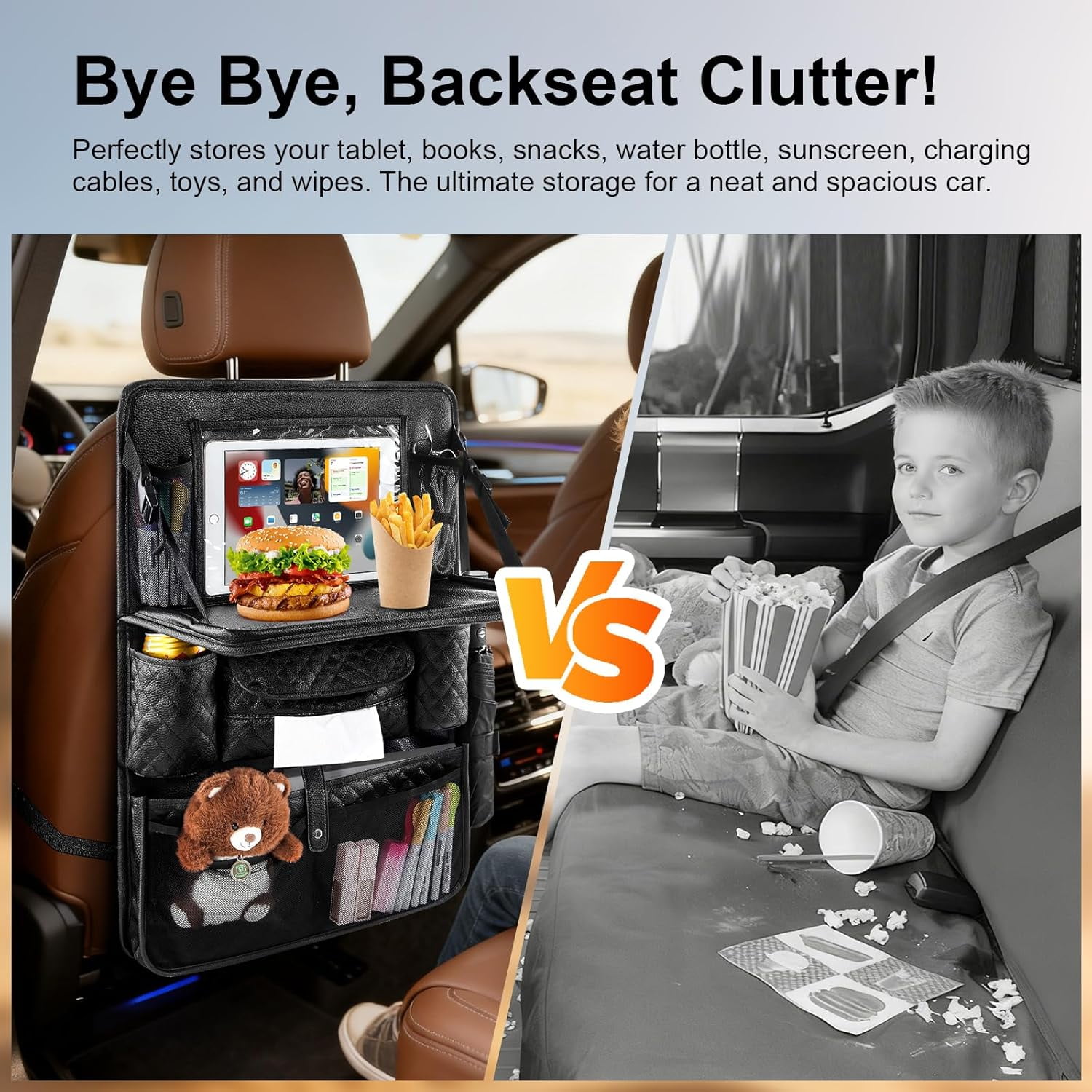Car Backseat Organizers 2-Pack with Foldable Tray - PU Leather Back Seat Car Organizers with 11 Storage Pockets, Tablet Holders, Kick Mats Protectors for Kids Family Travel Essentials (Black)