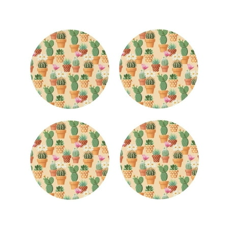 

Leather Coasters Set of 4 - Cactus blooming potted plant Lightweight Non-Slip Drink Coasters for Desk Anti-Scalding Desk Cup Coasters for Office Table Decor Round Shape