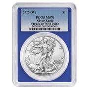 2022 W $1 American Silver Eagle PCGS MS70 Blue Label Blue Frame