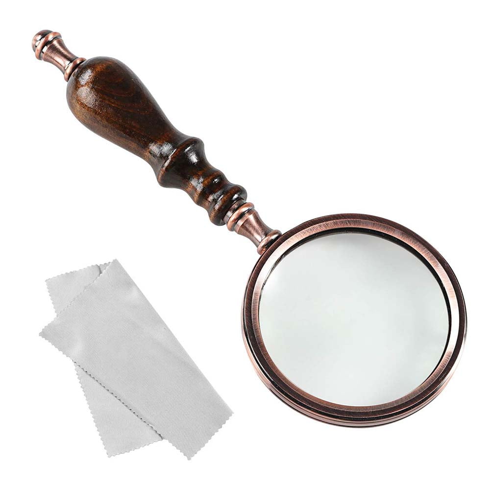 10X Antique Copper Handheld Magnifying Glass with Wooden Handle and