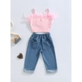 thumbnail image 4 of Qmyliery Toddler Girls Summer Clothes, Pink Sleeveless Feather Camisole + Denim Pants with Pockets, 4 of 8