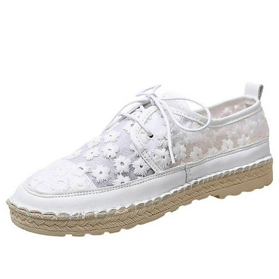 Fesfesfes Women Walking Shoes Round Toe Lightweight Shoes Flower Lace Breathable Bandage Comfy Flat Shoes Casual Shoes 35(4)