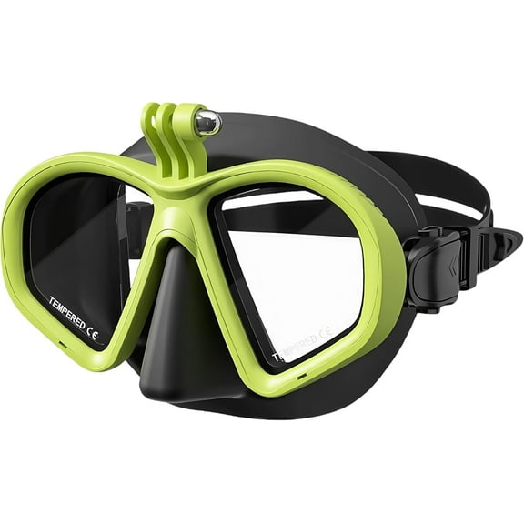 Anti Fog Diving mask, 180 ° Panoramic View, Surgical Grade Silicone, Quick Adjustment Buckle System Diving Mask with Camera Mount, Tempered Glass Lens, Green and Black (Black Green)