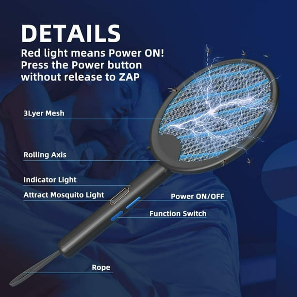 Raquette Anti-moustique 4-en-1 USB Rechargeable - 2500V + Lumière UV - Pour Intérieur/extérieur