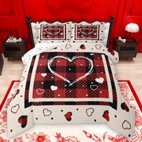 Manfei Cartoon Loves Pattern Full Size Comforter Sets,Modern Geometric Checkered Bedding Comforter Set,Red Black Beige Bedding Sets For Girls Boys,Luxury Bedroom Decor Reversible,3-Piece