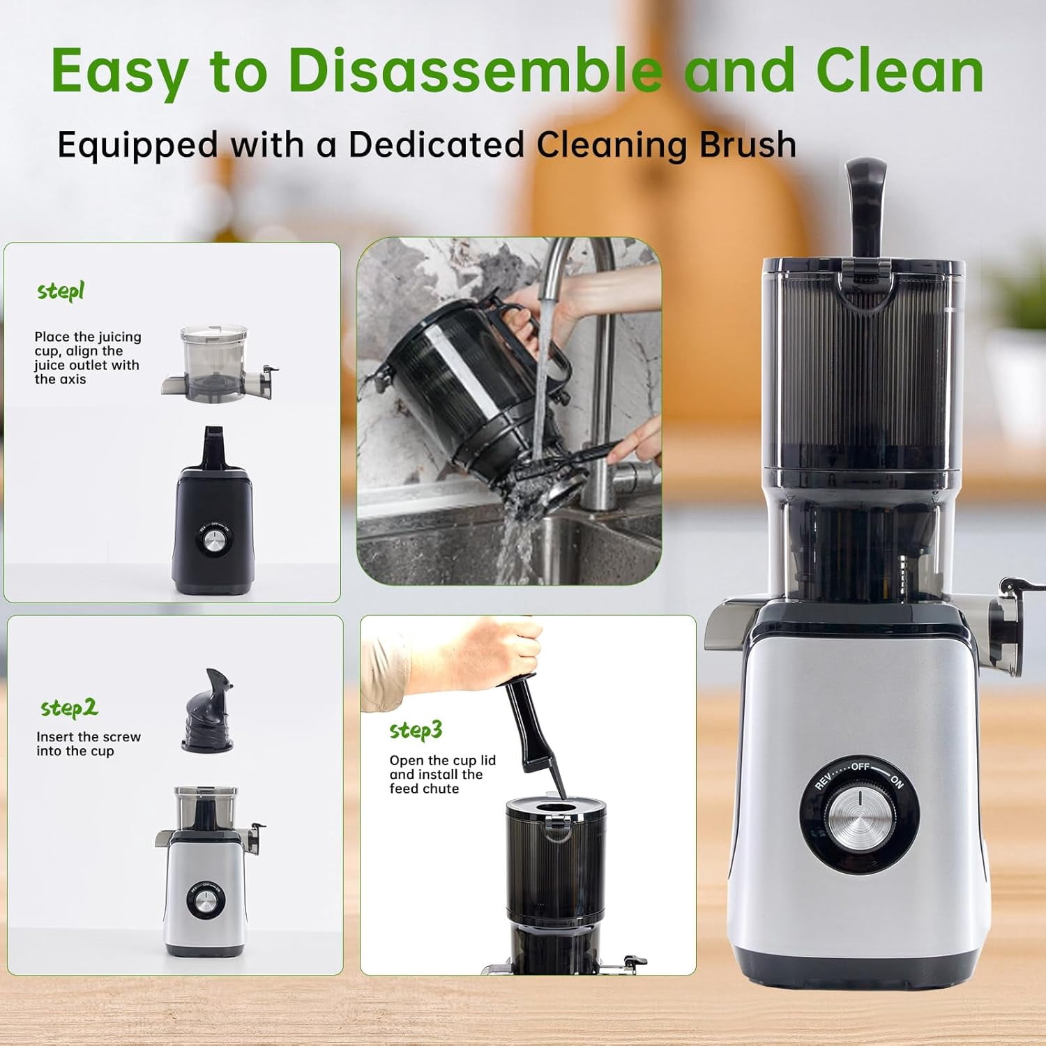 Cold Press Juicer Machines, Masticating Juicer with High  Yield, Reverse Function, Stops Oxidation and Easy to Clean for Vegetables & Fruits, Silver
