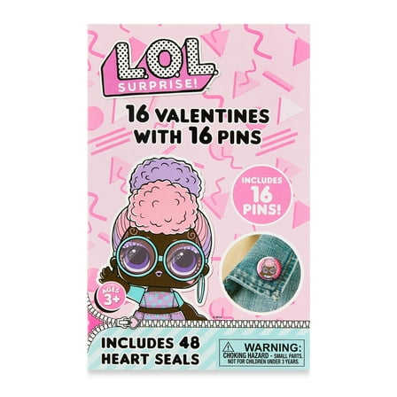 LOL Doll Valentine Exchange Cards with Button Pins, Greeting Card Set, Paper, Metal, Party, 16 Count