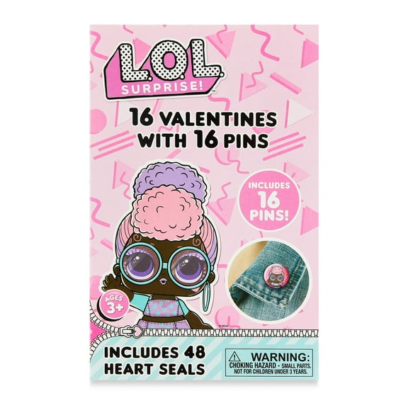 LOL Doll Valentine Exchange Cards with Button Pins, Greeting Card Set, Paper, Metal, Party, 16 Count