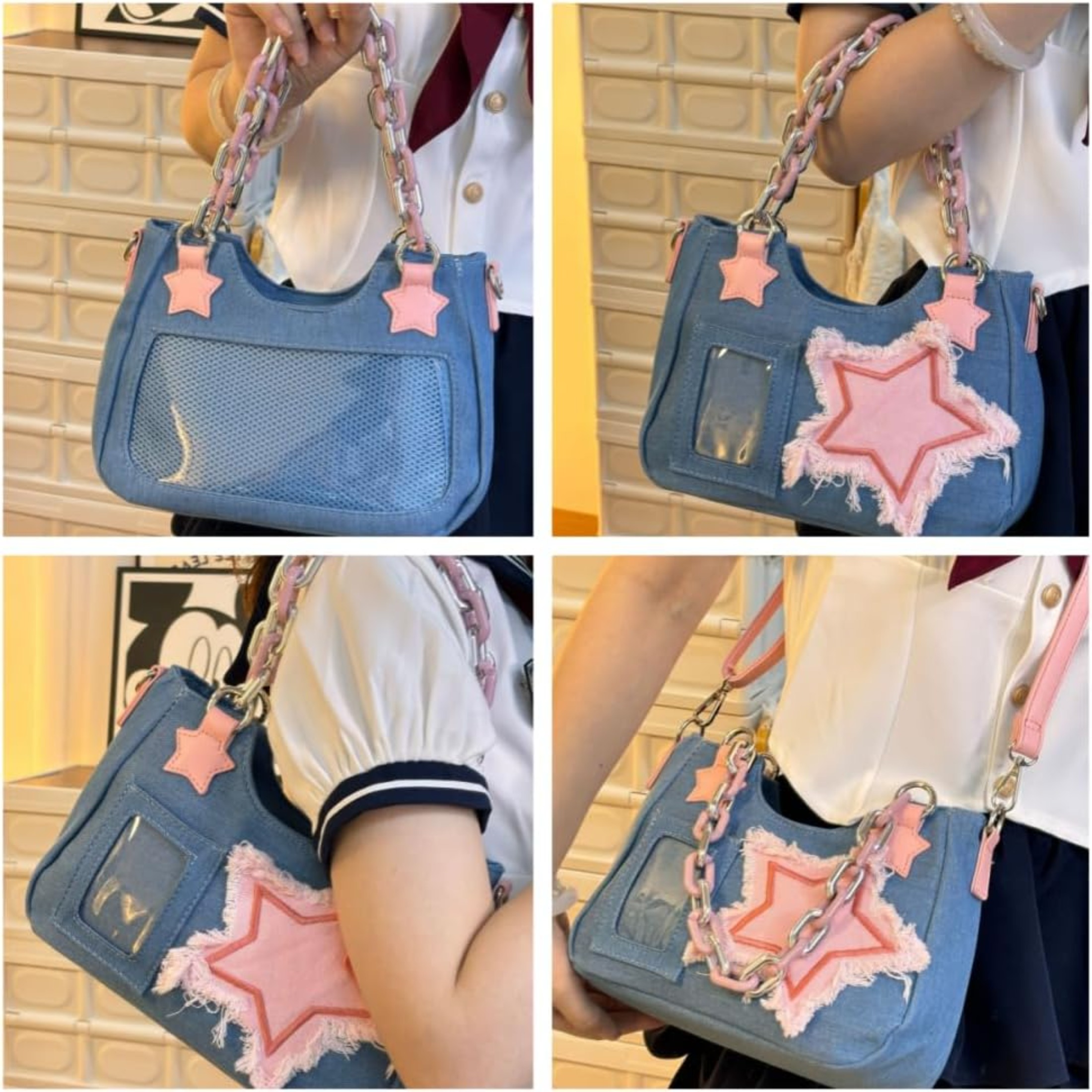 Denim Stars Kawaii Single Shoulder Crossbody Bag Ita Bag Y2k Chains Handbag Aesthetic Cute Crossbody Bag
