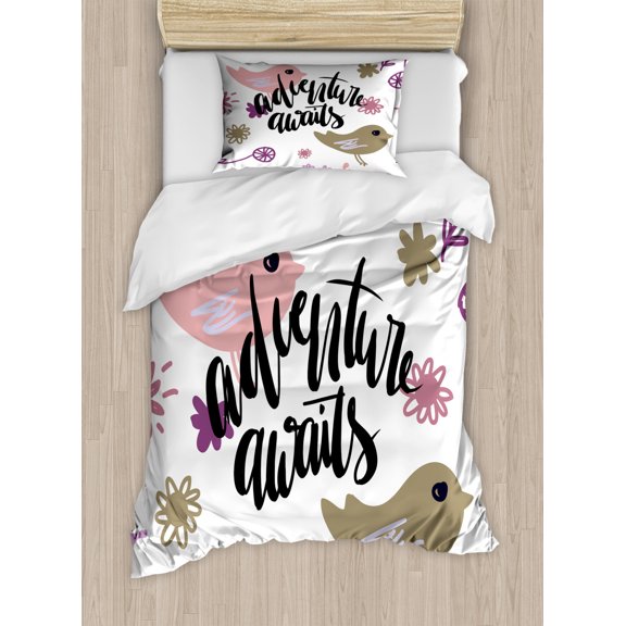 Adventure Awaits Duvet Cover Set Twin Size, Colorful Pattern with Sketchy Birds Flowers Plants and Calligraphy, Decorative 2 Piece Bedding Set with 1 Pillow Sham, Multicolor, by Ambesonne