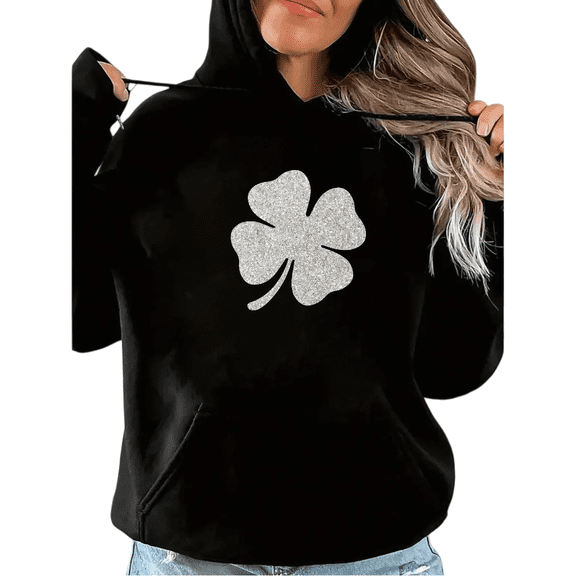 Lucky Silver Glitter Shamrock Print hoodie Graphic Sweatshirt Black S-2XL Womens Trendy Casual Tops