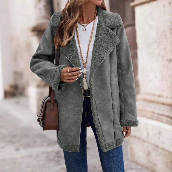 ClodeEU Women's Winter Fleece Notched Lapel Suede Jacket,Sherpa Lined Plush Warm Soft Coat Dark Gray,Womens Plus XL