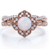 JeenMata Art-Deco Milgrain Floral Cluster 1.5 Carat Round Shape Rainbow Opal and Moissanite Crossover Pave Bridal Ring Set in 18K Rose Gold Plating over Silver