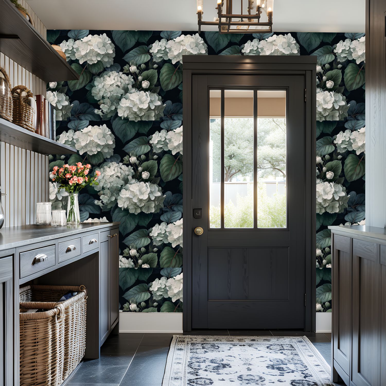 Peel and Stick Wallpaper 17.7in x 9.8ft White Hydrangea Flowers Green Leaves Dark Botanical Contact Paper Vinyl Self-Adhesive Removable Wall Paper for Bedroom Kitchen Cabinet Renter Friendly