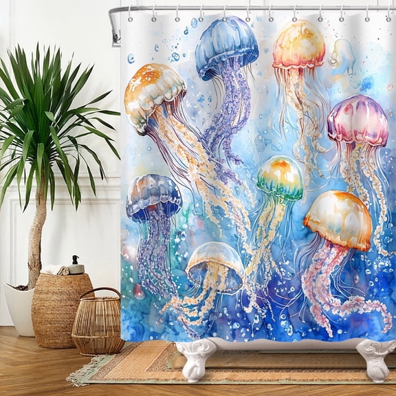 MIZHONA Ocean Jellyfish Shower Curtain Coastal Fantasy Sea Fabric Bathroom Curtain Blue 72x72 in