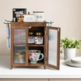 thumbnail image 2 of Wooden Countertop Storage Cabinet with Wavy Magnetic Door, Adjustable Shelves, Removable Hooks. Perfect for Perfume, Figurines, and Coffee Cups, Brown Color, 10.4 W x 6.1 D x 14.4 H in, 2 of 6