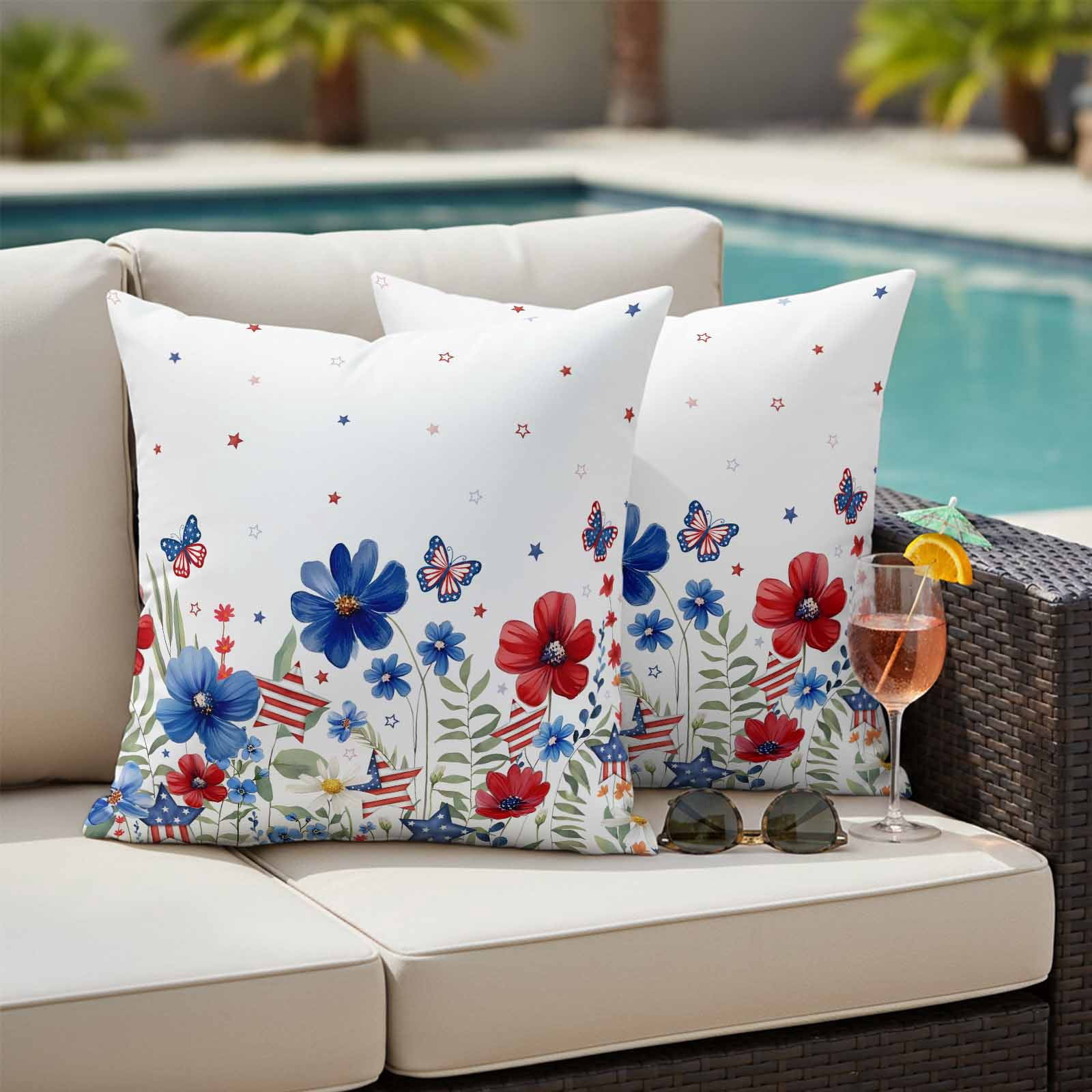 4th of July Outdoor Waterproof Throw Pillow Covers Set of 2 American Flag Butterfly Pillowcases Square Outdoor Pillows Cushion Case 18x18 Inch Red Blue Flowers Patio Pillows for Couch Sofa Bed