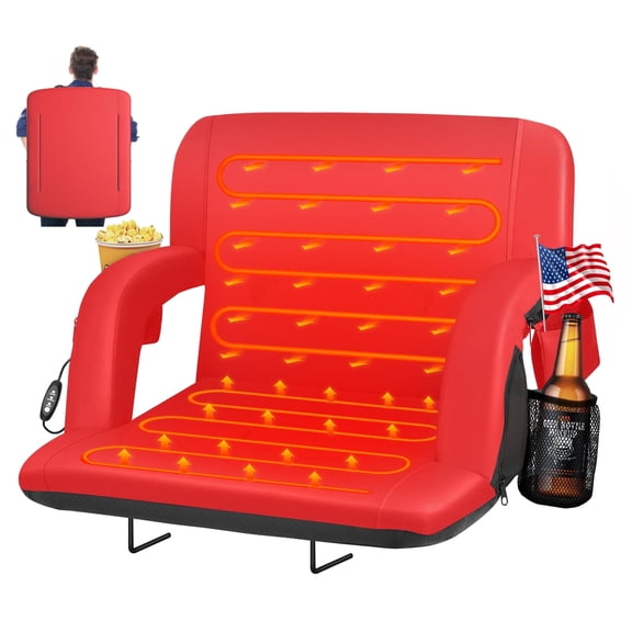 PNKKODW 25" Dual-Side Foldable Heated Stadium Seats with Back Support, Extra Portable Stadium Chair for Bleachers, USB 3 Levels of Heat, 5 Pockets for Outdoor Camping Winter Sports,Red(No Battery)