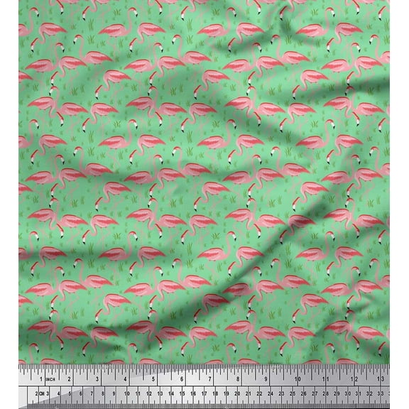 Soimoi Cotton Duck Fabric Grass & Flamingo Bird Fabric Prints by Yard 42 Inch Wide