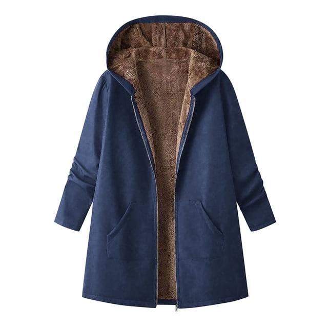 HAiming Womens Fleece Lined Long Hooded Jacket Oversized Zip up Coat Fall Winter Trendy Tops with Pockets