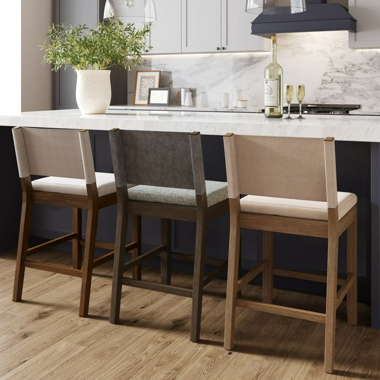 Nathan James Linus Modern Upholstered Counter Height Bar Stool with Back  and Solid Rubberwood Legs in a Wire-Brushed Light Brown Finish, Natural