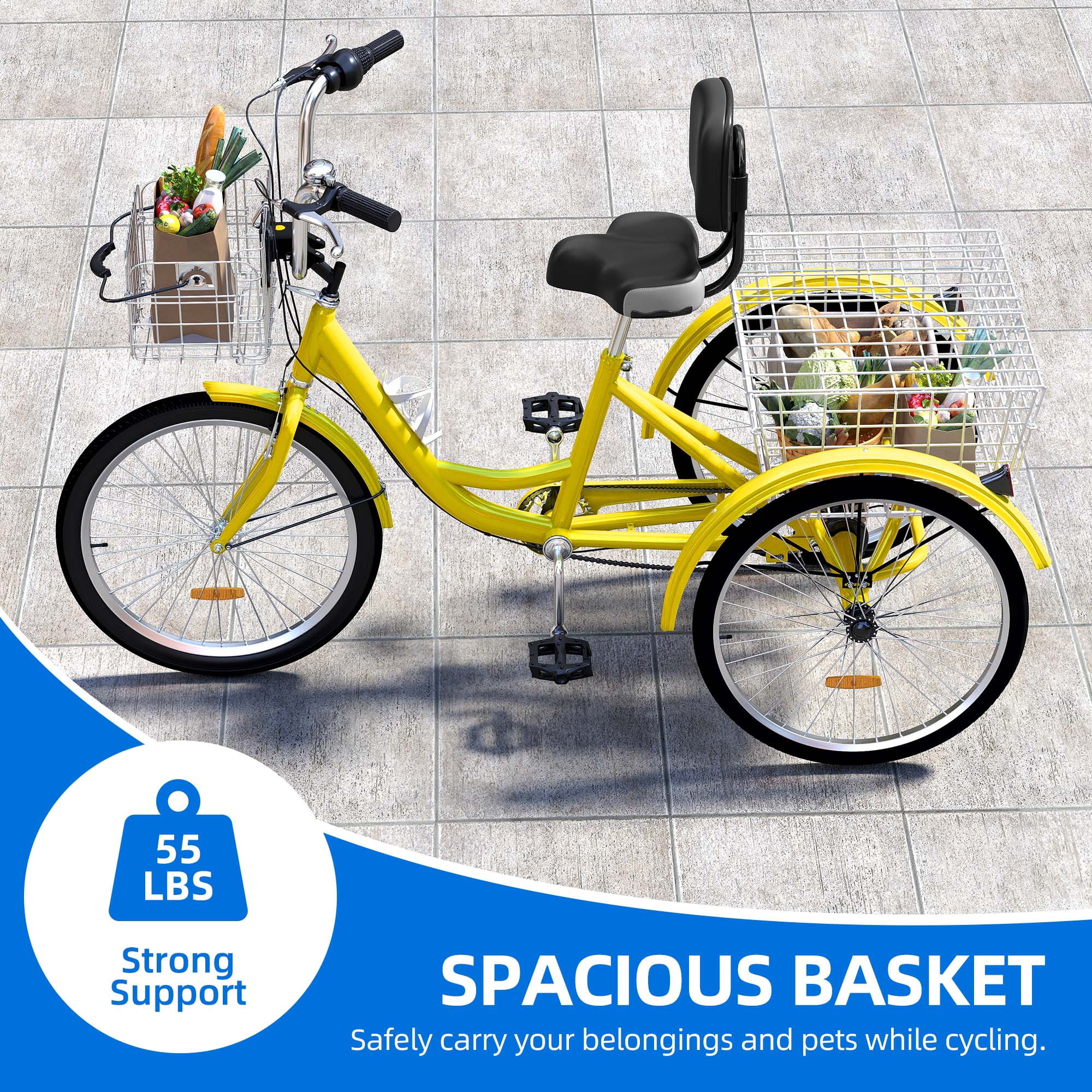 Uforic Adult Tricycle, 26 Inch 7 Speed Three Wheel Bike, Cruiser Trike with Large Seat Backrest for Men Senior Women, Yellow