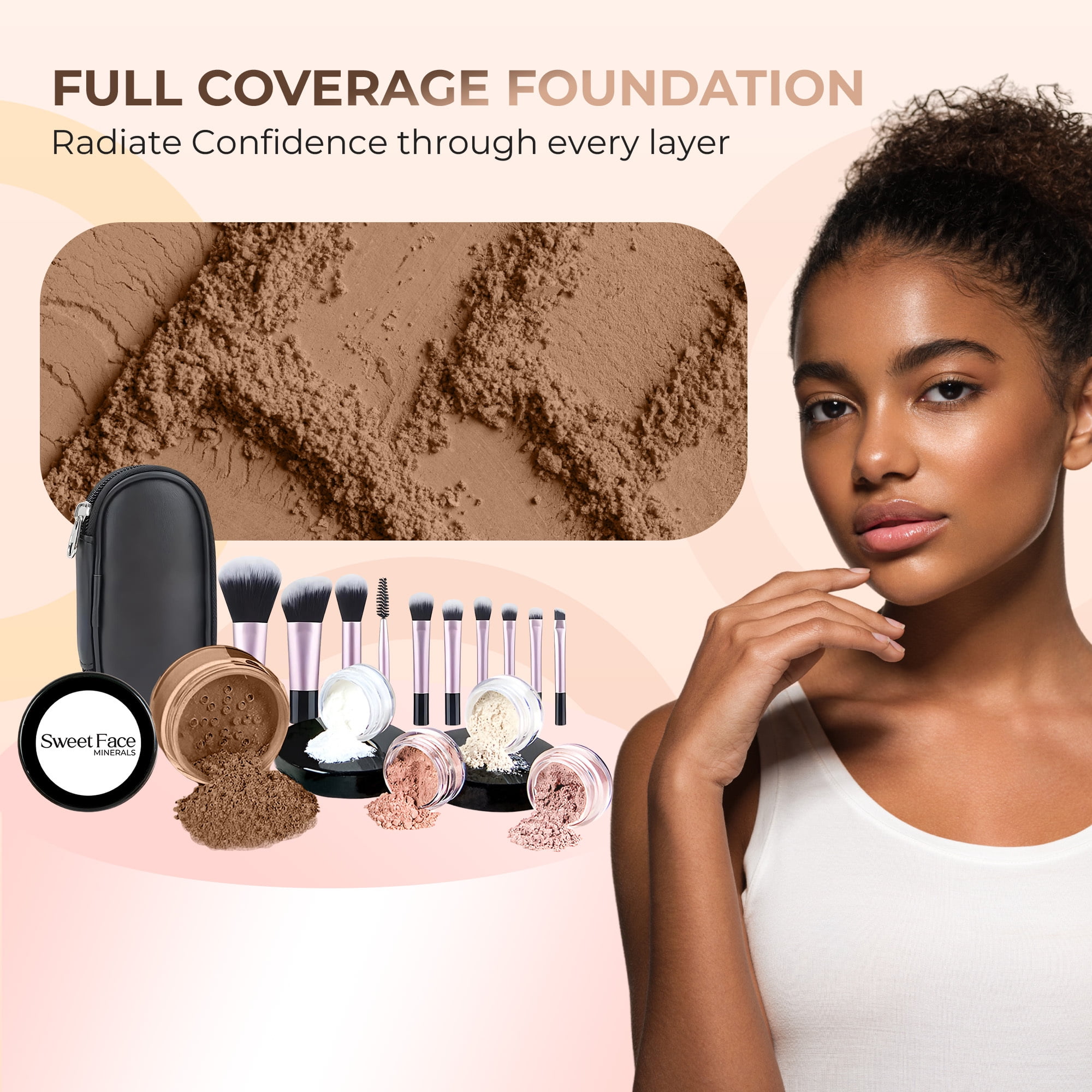Starter Kit with 10-Piece Brush Set (COCOA) Mineral Makeup – 16-Piece Loose Powder Foundation, Blush, Bronzer, Translucent Setting Powder SPF 30 – Vegan Cruelty Free by Sweet Face Minerals