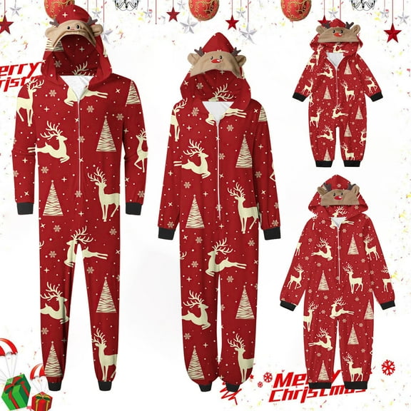Odeerbi Christmas Onesie Pajamas for Family Holiday Sleep Jumpsuit Long Sleeve Family Christmas Pajamas Matching Sets Infant Printed Loungewear Jumpsuit Sleepwear Xmas PJs Set Red