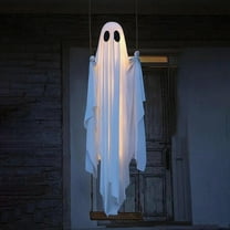 Halloween Decorations Hanging Swing Ghost Decor, Adjustable Height LED Lighted Outdoor Halloween Decorations for Porch, Yard, Trees, Spooky Cute Ghosts Decorations with String Lights