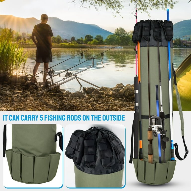 Welpettie Fishing Pole Bag with Rod Holder Waterproof Oxford Fishing Tackle  Bag with Strap Portable