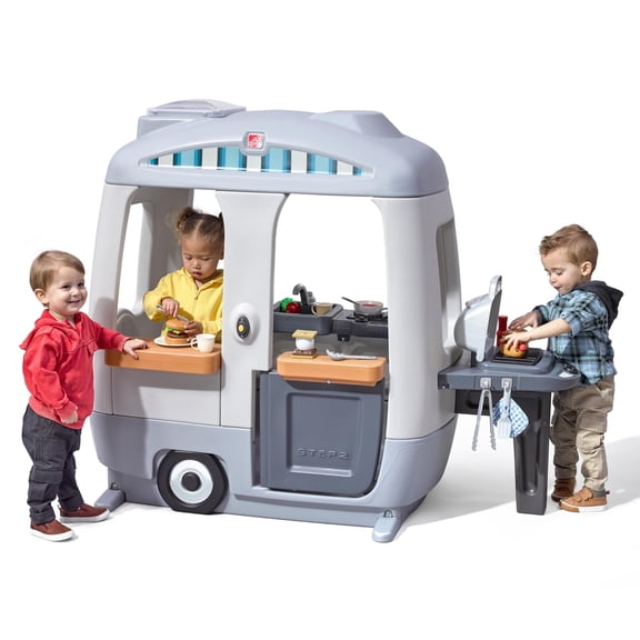 Step2 Adventure Camper, Toddler Outdoor Playhouse Includes 50pc Accessory Set, Gray