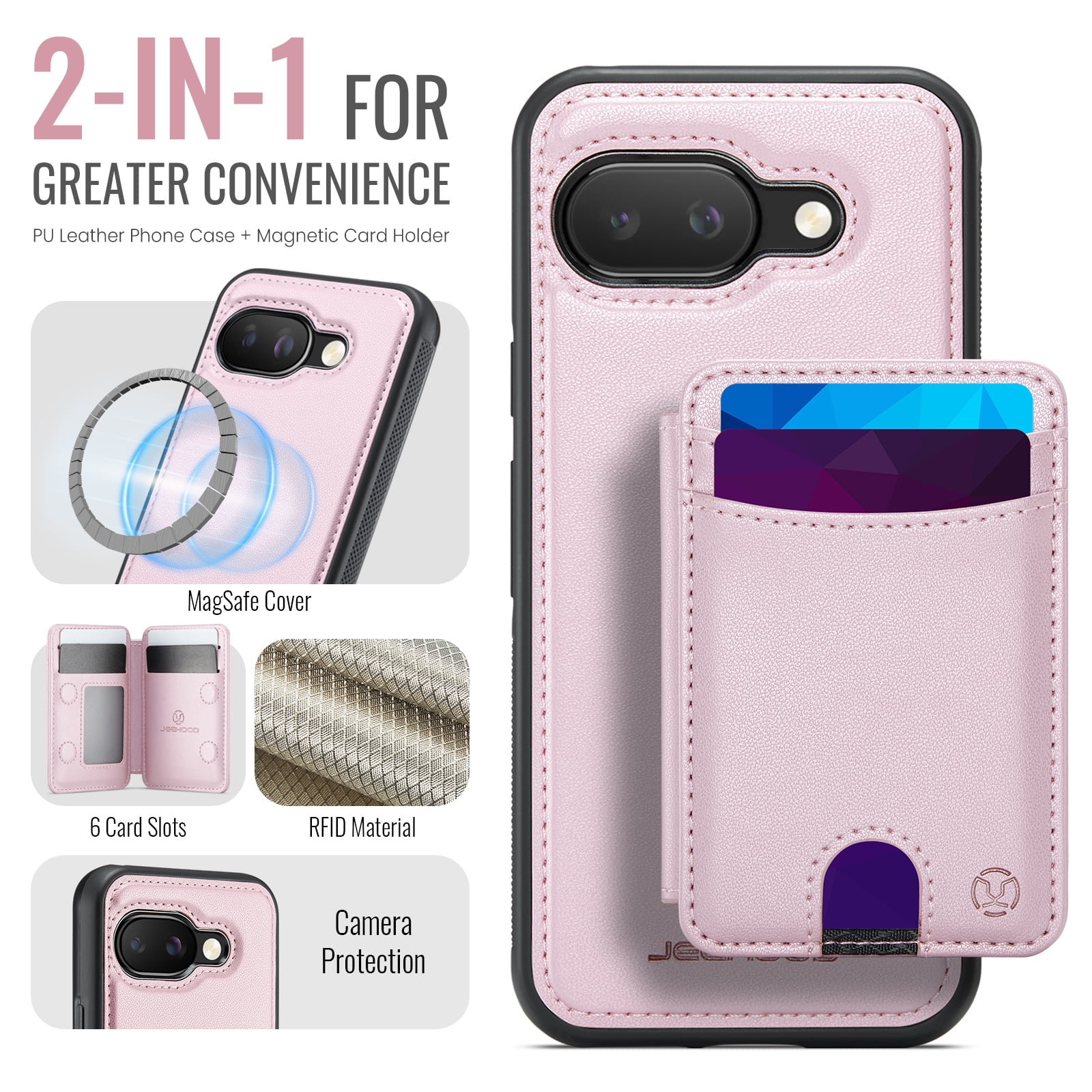 For Google Pixel 10A Phone Case,2-in-1 Magnetic Removable Flip Card Holder,Compatible With Mag-Safe,Anti-Scratch PU Leather,With Card Slots,Kickstand,Shockproof Durable Phone Case,Pink
