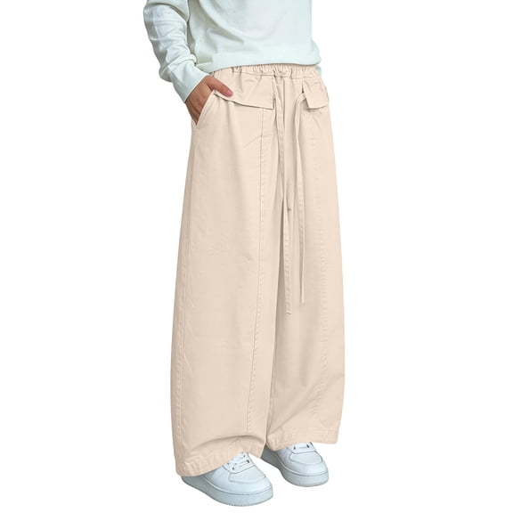 CQONEPT Girls' Cotton Pant with Pockets Wide Leg Baggy Fashion Pant Elastic Waist Solid Comfy School Trousers 2-14 Years Beige 9-10 Years