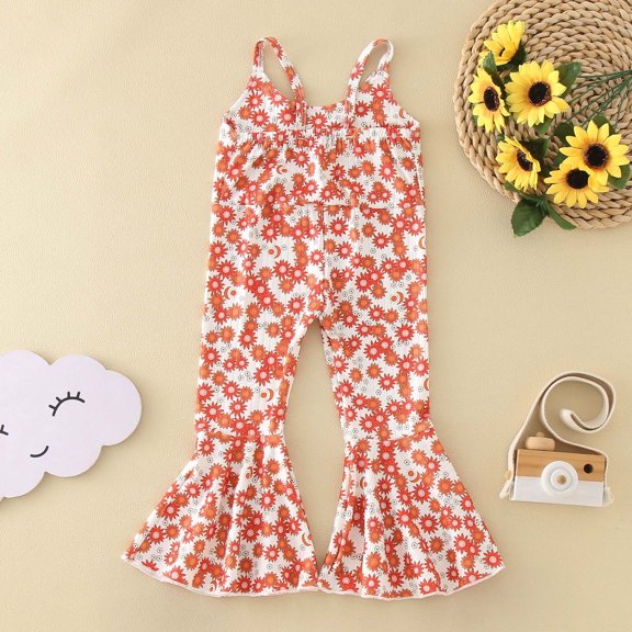 Vedolay Wide Leg Jumpsuits Baby Girl Romper Casual Ruffle Sleeveless Overalls Pants with Pocket Outfits,Orange 12-18 Months