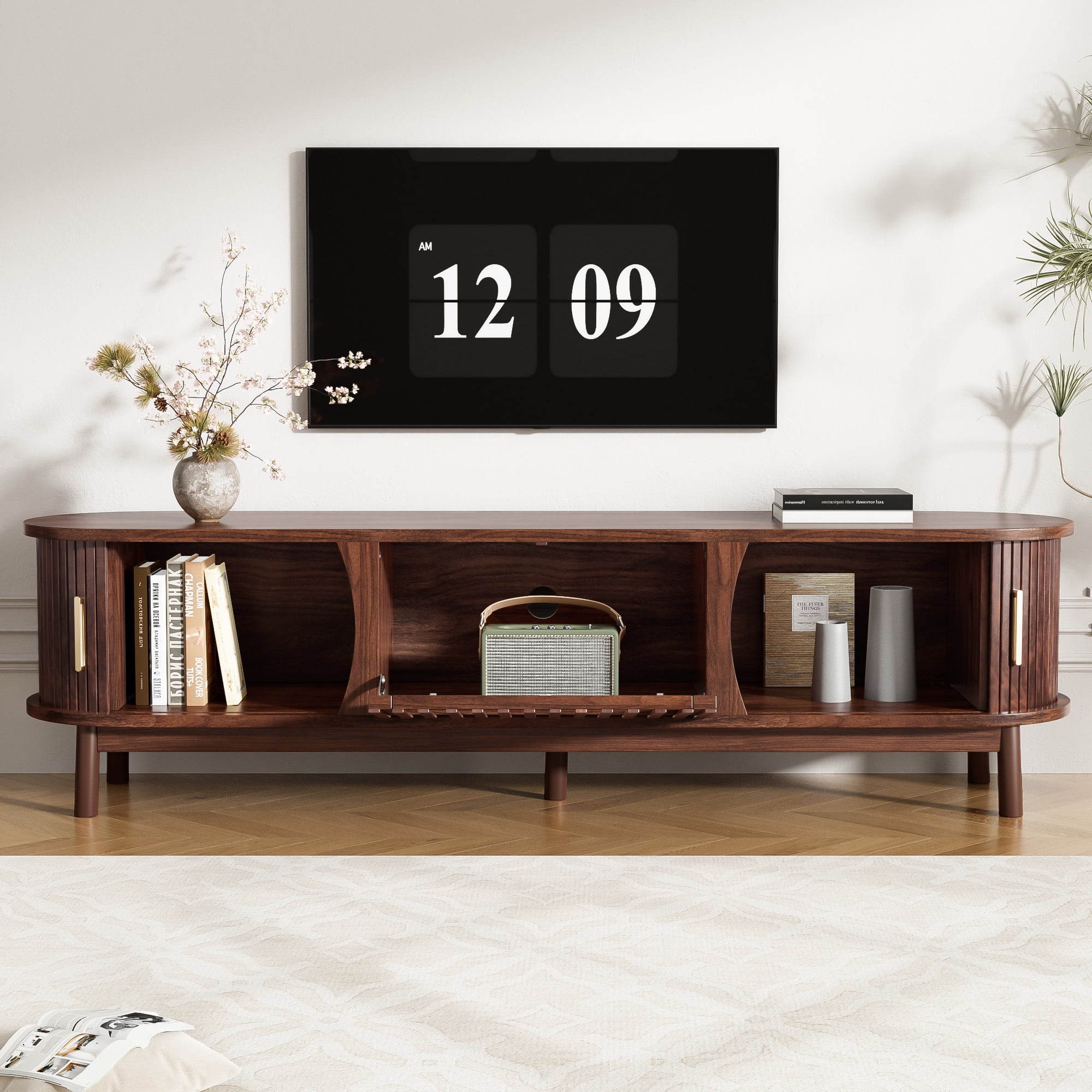 Modern Farmhouse TV Stand for 75" TVs, Wood Entertainment Center with Storage Cabinet, TV Console Table for Living Room, Bedroom